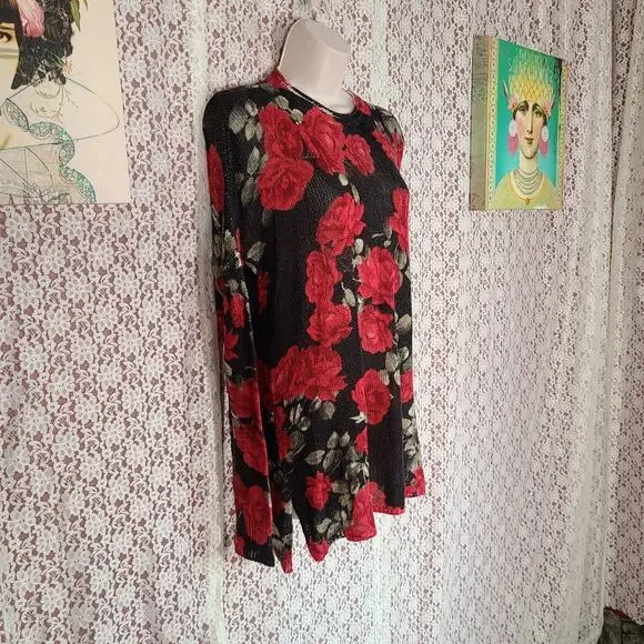 Show me your Mumu black red green oversized floral knit long sleeve top size xs - Picture 2 of 11